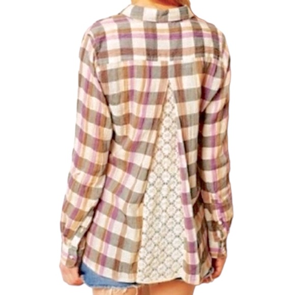 Anthropologie Isabella Sinclair Plaid Lace Insert Multicolor Button Down Shirt S - Picture 2 of 14
